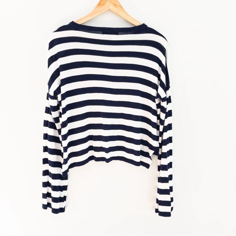 Lulu's Navy White Split Neck Flare Sleeve Stripe Crop Sweater Capsule Minimalist